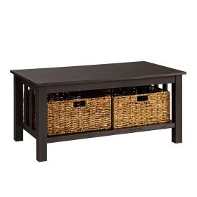 Coastal Coffee Table with Lower Shelf and Faux Rattan Baskets - Espresso