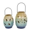 DecMode 2 Holder Blue Ceramic Ship Wheel Ombre Cutout Candle Lantern with Starfish and Shell Accents, Set of 2