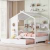 Wooden Full Size House Bed With Trundle, Modern Design for Kids with Storage Shlef, White