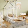 Wooden Floor Bed with Fence Railings and Detachable House Shape Headboard, Twin Size Bed with Kids Dress Up Rack