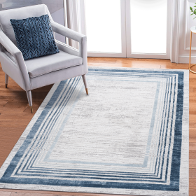 6X9 Blue/Ivory/Bordered Non-Shedding Living Room Bedroom Dining Home Office Stylish and Stain Resistant Area Rug