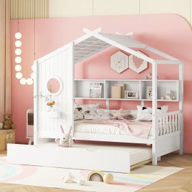 Wooden Twin Size House Bed With Trundle, Modern Design for Kids with Storage Shlef, White