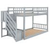 Twin-Over-Twin Floor Bunk Bed, Built-In Ladder with Storage, Stylish Gray Finish