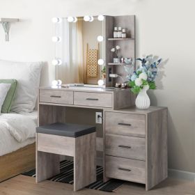 FCH Particleboard Triamine Veneer 5 Pumps 2 Shelves Mirror Cabinet Three Dimming Light Bulb Dressing Table Set Grey