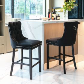 Furniture; Contemporary Velvet Upholstered Barstools with Button Tufted Decoration and Wooden Legs;  and Chrome Nailhead Trim;  Leisure Style Bar Chai