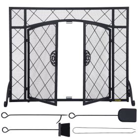 VEVOR Fireplace Screen, 44 x 33 Inch, Double Door Iron Freestanding Spark Guard with Support, Metal Mesh Craft, Broom Tong Shovel Poker Included for F