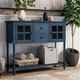 Sideboard Console Table with Bottom Shelf, Farmhouse Wood/Glass Buffet Storage Cabinet Living Room (Antique Navy)