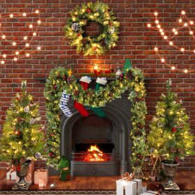 Pre-lit Xmas Tree Artificial Christmas 4-Piece Set,Garland, Wreath and Set of 2 3FT Entrance Trees X-mas with LED Lights, Christmas Tree