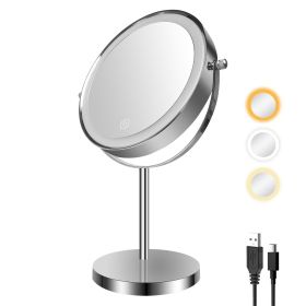 8-inch Makeup Mirror with Lights, Double Sided 1X/10X Magnifying Mirror, 3 Color Lighting Dimmable Vanity Mirror with 360° Swivel , Built-In Battery O