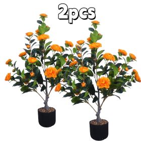 Artificial Camellia Tree, 35in Faux Camellia Plant in Pot with Orange Flowers for Spring Home Front Door Outdoor Indoor Decoration