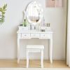 FCH Vanity Set with 3-Color Dimmable Lighted Mirror, Makeup Dressing Table with Power Outlet, Drawers and Cushioned Stool, White