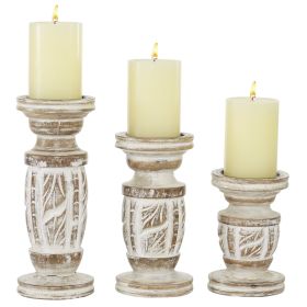 DecMode White Wash Wood Country Cottage Candle Holder Set of 3-Pieces, 6", 8",10"H