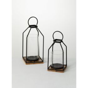 Sullivans Set Of 2 Lantern Iron & Glass Candle Holders 12.75"H & 13.5"H Black