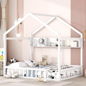 Wooden Full Size House Bed with Storage Shelf,Kids Bed with Fence and Roof, White