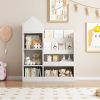 White Kids Wooden Bookshelf Toy Storage Organizer with Bookcase, Kid's Bin Storage Unit with 6 Compartments 2 Baskets Bins Toys Box Organizer