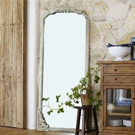 Solid wood carved right angle micro arch weathered white full-length mirror 67 * 28 * 1 inch Bathroom Vanity Mirror for Bedroom Entryway