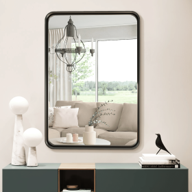 32"x22" Morden Right Angle Rectangle Alloy Aluminium Framed Black Wall-Mounted Bathroom Miiror Vanity Mirror