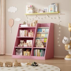 Pink Wooden Toy Storage Organizer Cabinet Kids Bookshelf Children Bookcase Toddler Baby Sling Book Rack Adjustable Shelf for Playroom Bedroom Nursery