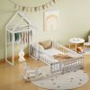 Wooden Floor Bed with Fence Railings and Detachable House Shape Headboard, Twin Size Bed with Kids Dress Up Rack