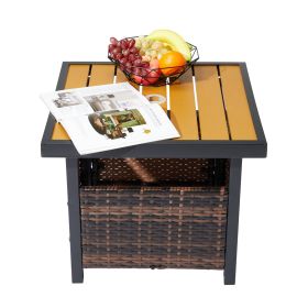 Outdoor Wicker Side Table with Umbrella Hole & Storage Space, Square PE Rattan End Table for Patio Garden Poolside Deck Brown