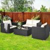 4 Pieces Patio Rattan Conversation Set with Padded Cushion