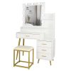 FCH Large Vanity Set with 9 LED Bulbs; Makeup Table with Cushioned Stool; 3 Storage Shelves 4 Drawers; Dressing Table Dresser Desk for Women; Girls; B