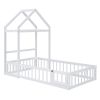 Wooden Floor Bed with Fence Railings and Detachable House Shape Headboard, Twin Size Bed with Kids Dress Up Rack