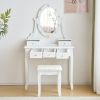 FCH Vanity Set with 3-Color Dimmable Lighted Mirror, Makeup Dressing Table with Power Outlet, Drawers and Cushioned Stool, White