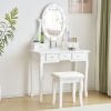 FCH Vanity Set with 3-Color Dimmable Lighted Mirror, Makeup Dressing Table with Power Outlet, Drawers and Cushioned Stool, White