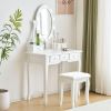 FCH Vanity Set with 3-Color Dimmable Lighted Mirror, Makeup Dressing Table with Power Outlet, Drawers and Cushioned Stool, White