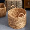 Round Water Hyacinth Seagrass Woven Basket with Handles - 15" x 15" x 15" - Natural Brown - For Clothes, Towels, Canvas