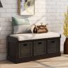 TREXM Rustic Storage Bench with 3 Removable Classic Rattan Basket , Entryway Bench with Removable Cushion (Espresso)