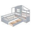 Twin Size House Bed with Sofa, Kids Platform Bed with Two Drawers and Storage Shelf, Gray