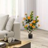 Artificial Camellia Tree, 35in Faux Camellia Plant in Pot with Orange Flowers for Spring Home Front Door Outdoor Indoor Decoration