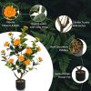 Artificial Camellia Tree, 35in Faux Camellia Plant in Pot with Orange Flowers for Spring Home Front Door Outdoor Indoor Decoration