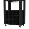 39" H black bar- coffee cart, Kitchen or living room cabinet storage, with 12 bottle racks, a central shelf with 1 Cup holders