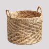 Round Water Hyacinth Seagrass Woven Basket with Handles - 15" x 15" x 15" - Natural Brown - For Clothes, Towels, Canvas