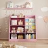 Pink Wooden Toy Storage Organizer Cabinet Kids Bookshelf Children Bookcase Toddler Baby Sling Book Rack Adjustable Shelf for Playroom Bedroom Nursery