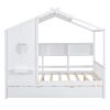 Wooden Full Size House Bed With Trundle, Modern Design for Kids with Storage Shlef, White