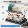 2-layer bowl and dish drying rack with bowl, cup, and basin holder, foldable bowl and dish drain rack, suitable for kitchen countertops, rust proof ta