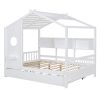 Wooden Full Size House Bed With Trundle, Modern Design for Kids with Storage Shlef, White