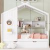 Wooden Full Size House Bed With Trundle, Modern Design for Kids with Storage Shlef, White