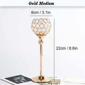 Crystal Candle Holder Pillar Gold/Silver Metal Tealight Candlestick Wedding Table Centerpiece Party Christmas Home Desktop Decor (Color: Gold Medium, Ships From: CN)