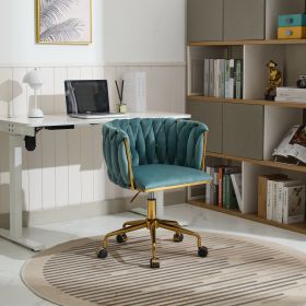 Velvet Vanity Chair with Wheels, Accent Chair Makeup Chair with Hand Woven Backrest, Modern 360�� Swivel Home Office Desk Chair for Study, Bedroom (Color: Green)