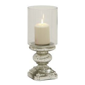 DecMode Silver Glass Handmade Turned Style Pillar Hurricane Lamp with Faux Mercury Glass Finish (Brand: DecMode)