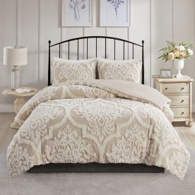 3 piece Tufted Cotton Chenille Damask Duvet Cover Set (Color: as pic)