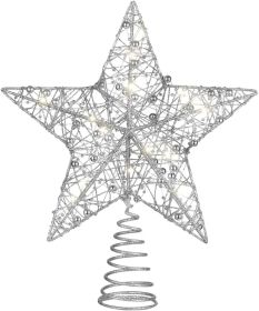 Iron Glitter Powder Christmas Tree Ornaments Top Stars with LED Light Lamp Christmas Decorations For Home Xmas Trees (Color: Silver)