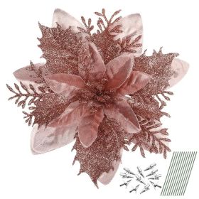 12pcs Christmas Glitter Artificial Poinsettia Flowers Christmas Tree Flowers Hanging Ornaments Party Decoration With Stems Clips (Colors: Pink)