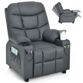 PU Leather Kids Recliner Chair with Cup Holders and Side Pockets (Color: Gray)