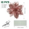 12pcs Christmas Glitter Artificial Poinsettia Flowers Christmas Tree Flowers Hanging Ornaments Party Decoration With Stems Clips